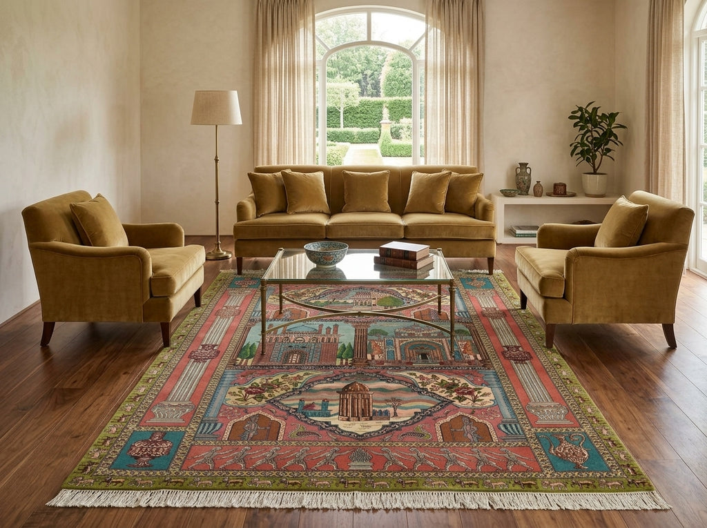 6 x 8.9 Super Fine Pictorial Persian Tabriz Rug Wool and Silk 70 Raj - view 2