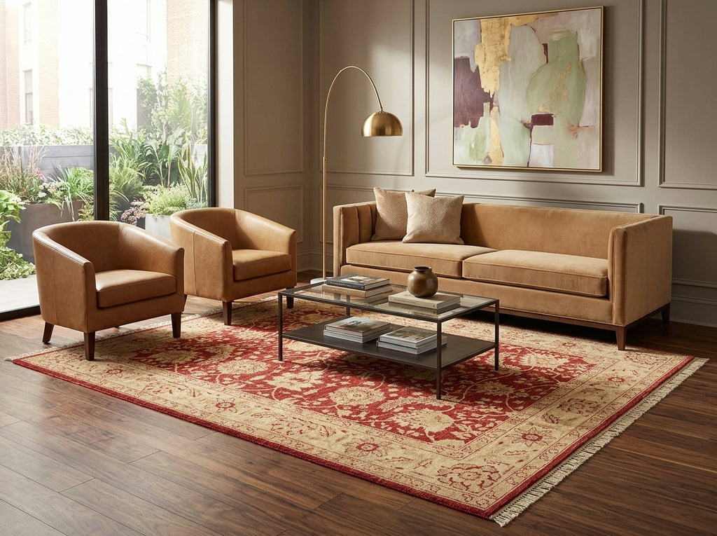 A styled living room scene featuring a tan three-seater sofa, two matching armchairs, a glass-top coffee table, and a large red and beige patterned area rug on dark wood flooring. The room has beige walls with paneling, a gold floor lamp, and a framed abstract painting.