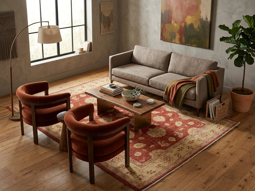 A styled living room scene featuring a beige fabric sofa, two rust-brown velvet armchairs, a wooden coffee table, a large red and beige patterned area rug, a floor lamp, and a potted plant against a textured plaster wall.