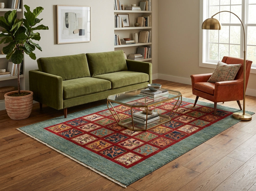 A styled living room scene featuring a large area rug with a teal border and a red, blue, and beige patchwork pattern, placed under a glass-top coffee table between a green sofa and an orange armchair.
