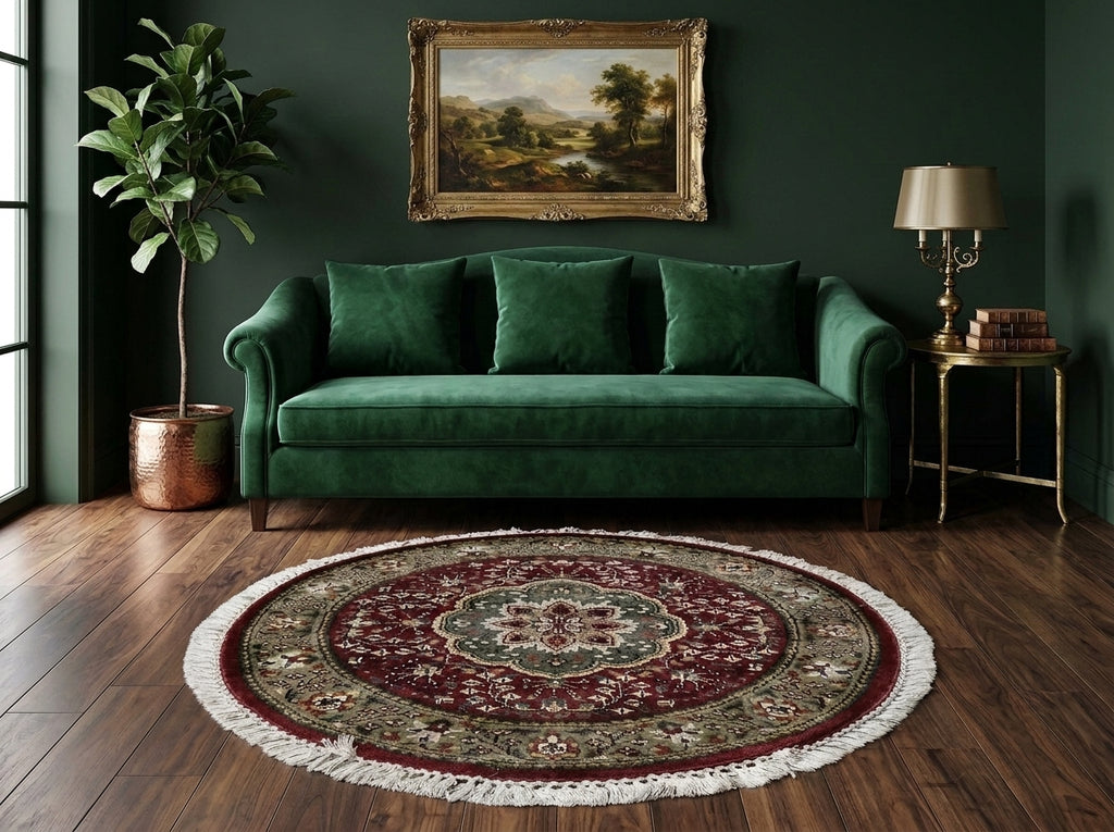 3 x 3 Feet Round Handmade Rug Burgundy Green Bamboo Silk #F-3354