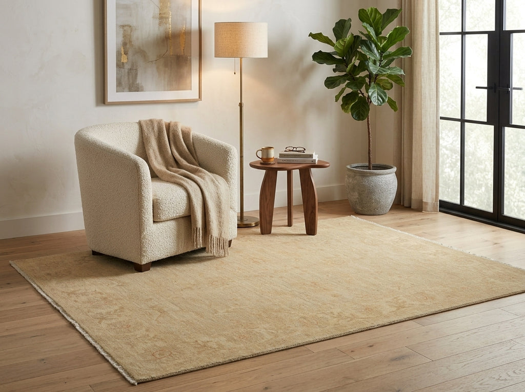A large beige area rug styled in a bright, modern living room with a cream bouclé armchair, a small wooden side table, a floor lamp, and a potted fiddle-leaf fig plant.