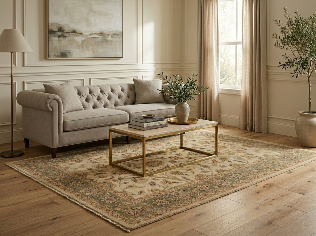 A styled living room scene featuring a light beige tufted sofa, a rectangular coffee table with a gold metal frame, a large traditional patterned area rug, a floor lamp, and a potted tree in a bright room with wood floors and beige walls.