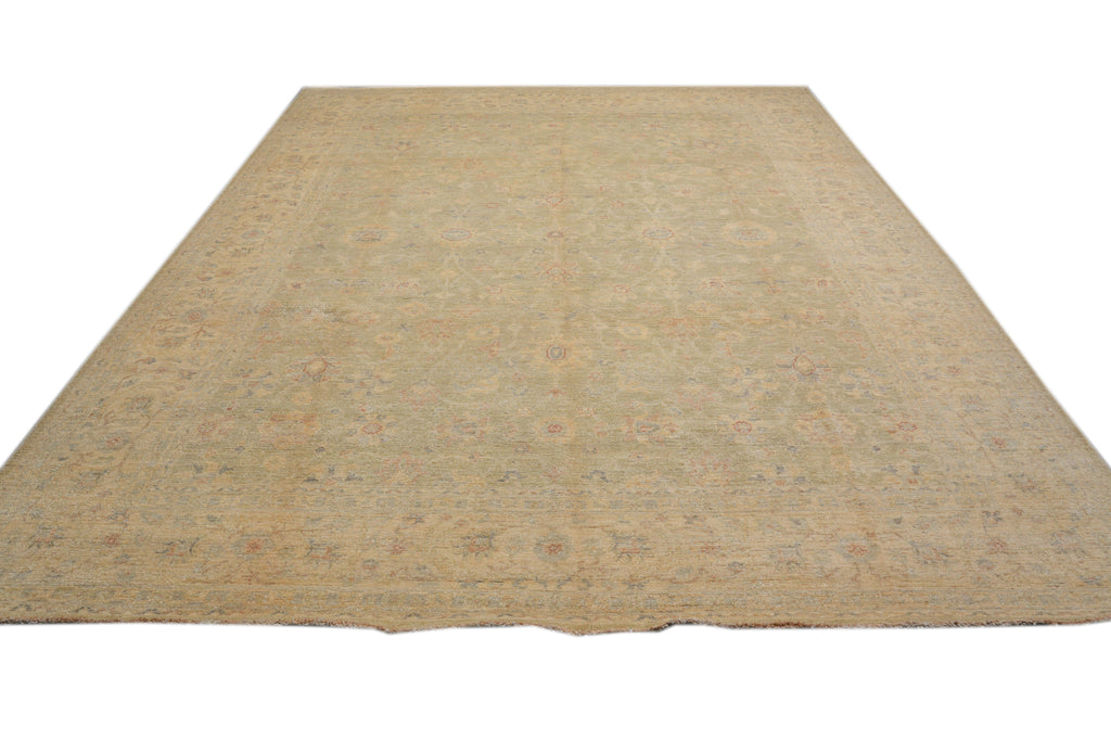 9 x 12 Neutral Faded Light Green Chobi Peshawar Rug 