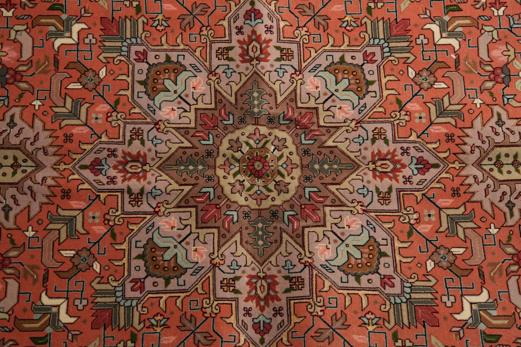 A close-up of an intricate Persian-style rug featuring a detailed central medallion and surrounding geometric floral patterns in terracotta red, beige, brown, and muted blue.