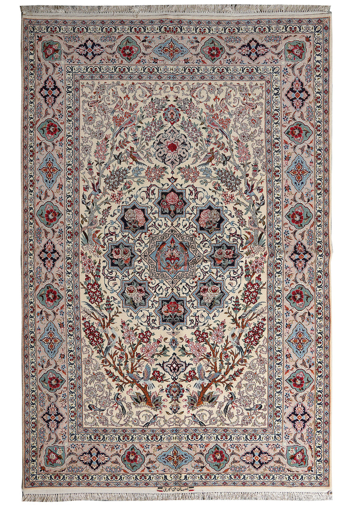A traditional oriental-style area rug with an intricate floral and geometric pattern, featuring a central medallion, detailed borders, and fringed edges.