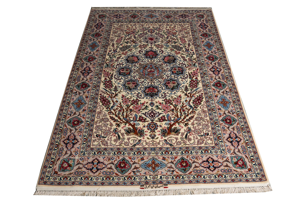 A traditional oriental area rug with an intricate floral and geometric pattern, featuring a central medallion, detailed borders, and fringe on the ends, shown against a plain white background.