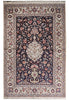 Load image into Gallery viewer, A traditional oriental rug with a dark navy blue central field, surrounded by an ornate cream and beige border with pink, red, and green floral motifs.