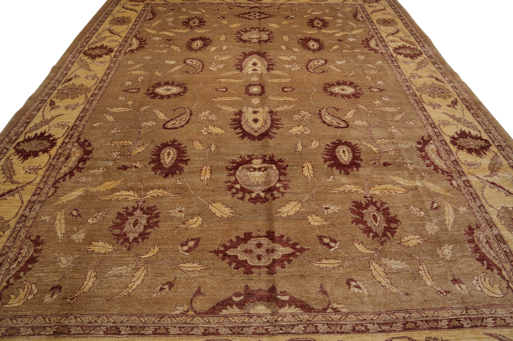 10 x 14  New Peshawar Chobi Rug Hand-Knotted Pakistan Brown And Gold #F-4277