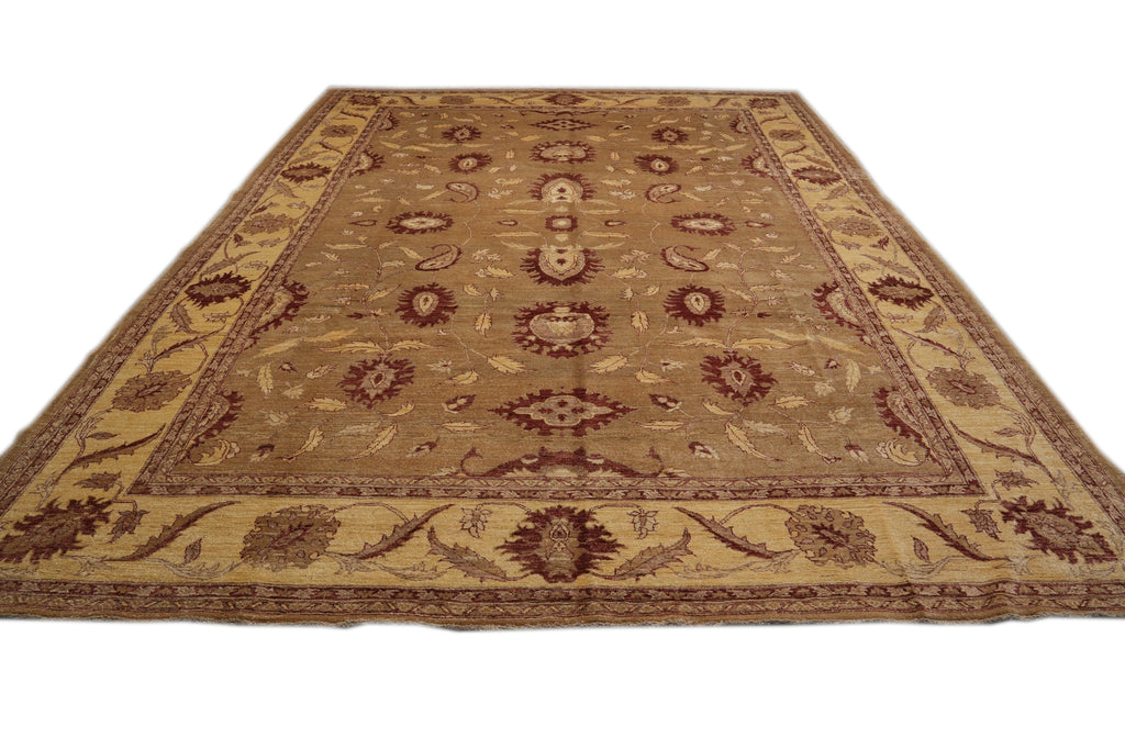 10 x 14  New Peshawar Chobi Rug Hand-Knotted Pakistan Brown And Gold #F-4277