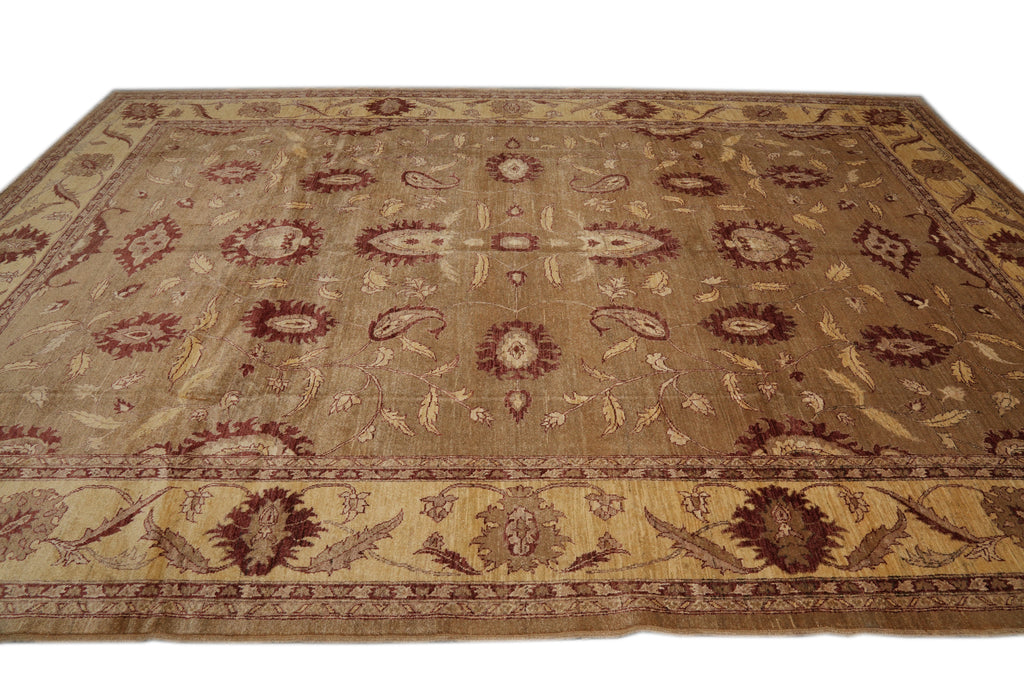 10 x 14  New Peshawar Chobi Rug Hand-Knotted Pakistan Brown And Gold #F-4277