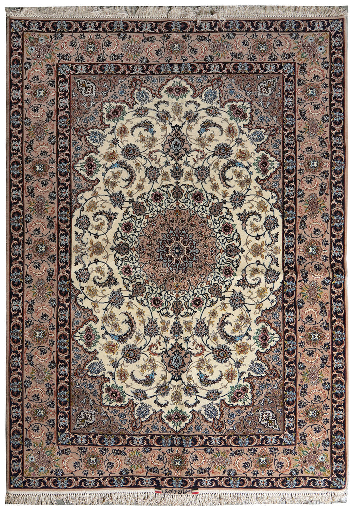 A traditional oriental area rug with an intricate floral and scroll pattern, featuring a central medallion, detailed borders, and fringed edges.
