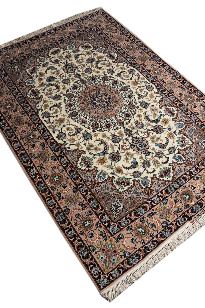 An oriental area rug with a traditional floral pattern, featuring a central medallion, ornate borders, and fringed edges, shown on a plain white background.