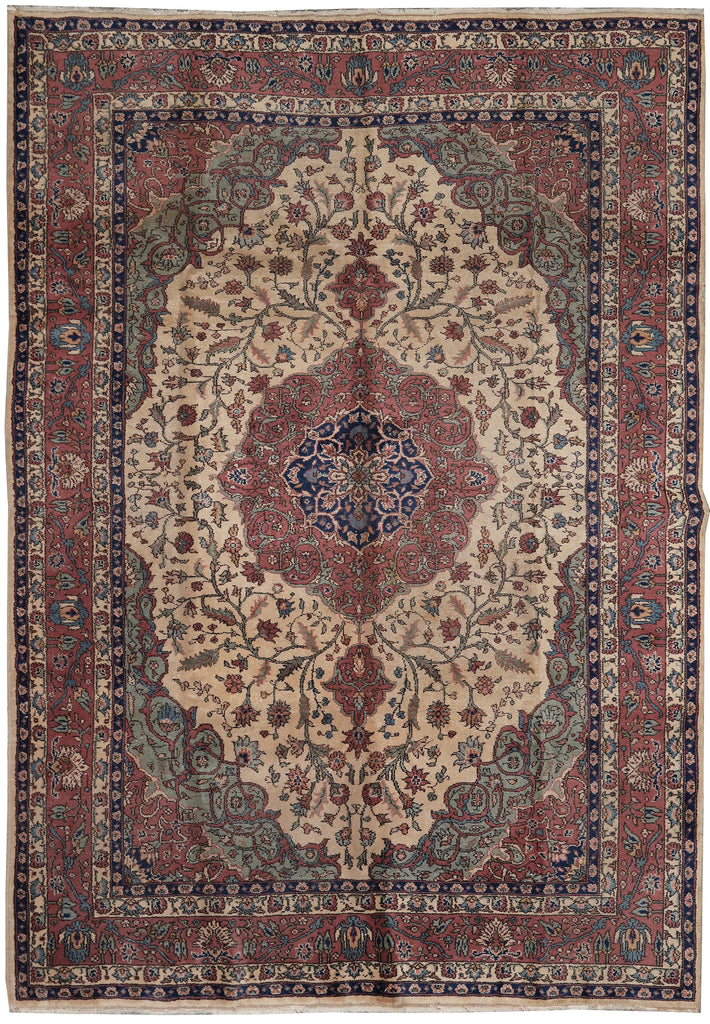 7.5 x 10.6  Turkish Tabriz Rug | Ivory & Rust Medallion | Hand-Knotted Wool 1950s