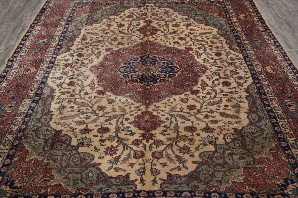 7.5 x 10.6  Turkish Tabriz Rug | Ivory & Rust Medallion | Hand-Knotted Wool 1950s #PIX-23683