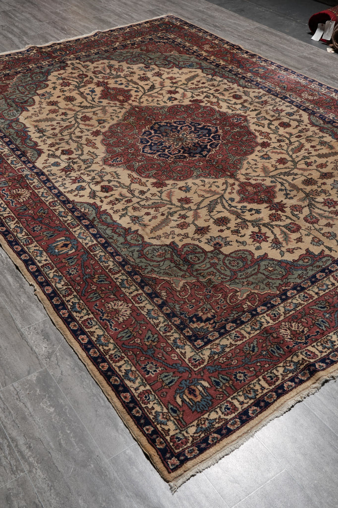 7.5 x 10.6  Turkish Tabriz Rug | Ivory & Rust Medallion | Hand-Knotted Wool 1950s #PIX-23683
