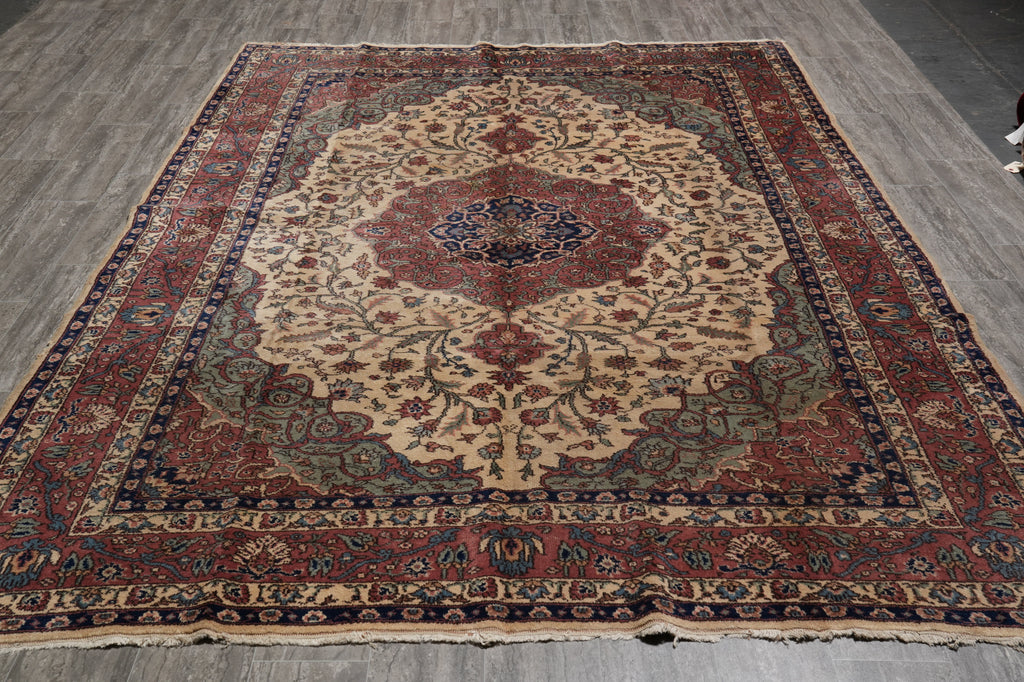 7.5 x 10.6  Turkish Tabriz Rug | Ivory & Rust Medallion | Hand-Knotted Wool 1950s #PIX-23683