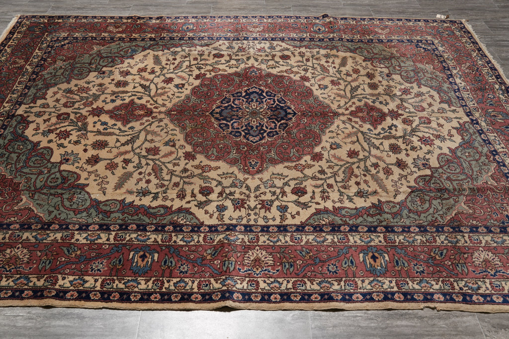 7.5 x 10.6  Turkish Tabriz Rug | Ivory & Rust Medallion | Hand-Knotted Wool 1950s #PIX-23683