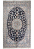 Load image into Gallery viewer, A traditional oriental area rug with an intricate floral pattern, featuring a dark navy blue central field, a large oval medallion, and a detailed cream and beige border.