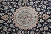 Load image into Gallery viewer, A close-up of an ornate traditional rug featuring a central medallion and surrounding floral motifs in beige, light blue, and red on a black background.