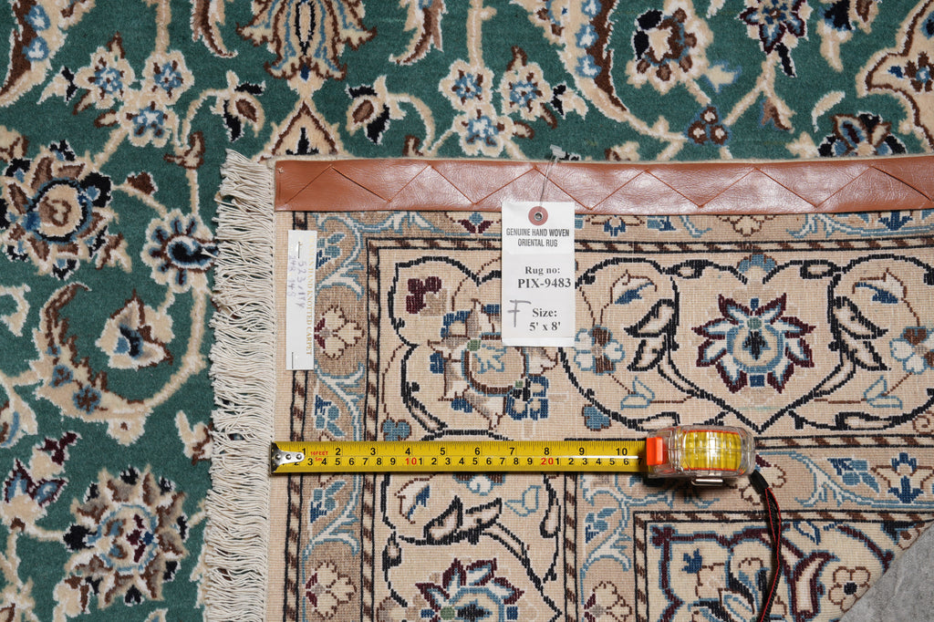 5 x 8 Authentic Quality Persian Nain Rug Wool and Silk Green #PIX-9483