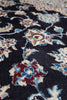 Load image into Gallery viewer, Close-up of a patterned rug with a dark navy background and floral motifs in cream, light blue, burgundy, and tan.