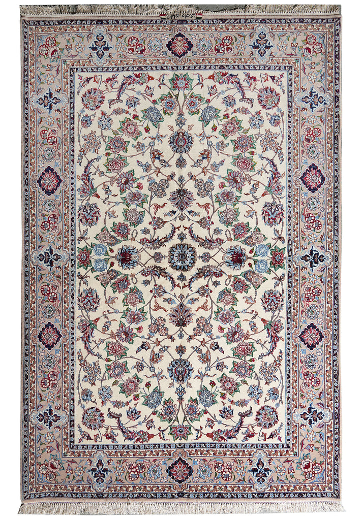 A traditional oriental area rug with an intricate floral and vine pattern, featuring a cream center field, detailed multicolor borders, and fringed edges.