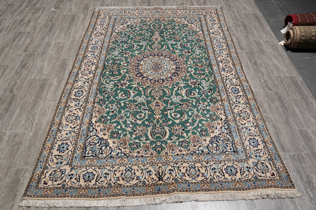 5 x 8 Authentic Quality Persian Nain Rug Wool and Silk Green #PIX-9483
