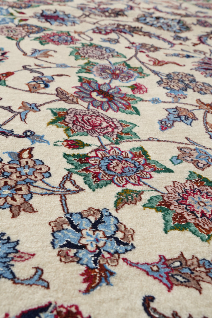 Close-up of a traditional floral patterned rug with cream background and multicolored blossoms in blue, pink, green, and brown.