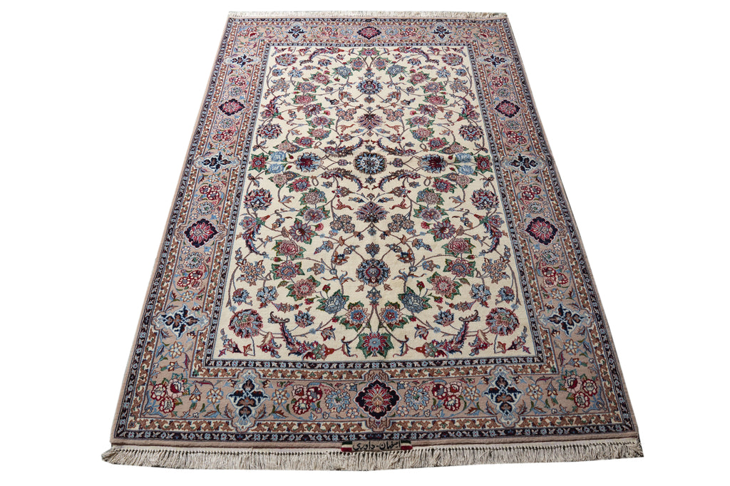 A traditional oriental area rug with an intricate floral and vine pattern, featuring a cream center, a blue and red patterned border, and fringe on the ends, shown against a plain white background.