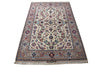 Load image into Gallery viewer, A traditional oriental area rug with an intricate floral and vine pattern, featuring a cream center, a blue and red patterned border, and fringe on the ends, shown against a plain white background.