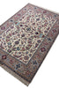 Load image into Gallery viewer, A rectangular traditional area rug with an intricate floral and vine pattern, featuring a cream center, detailed blue, red, and green motifs, and a beige border with fringe on the ends.