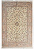 Load image into Gallery viewer, A traditional rectangular area rug with an intricate floral and vine pattern, featuring a cream center field, a dusty pink border, and fringed edges on all four sides.