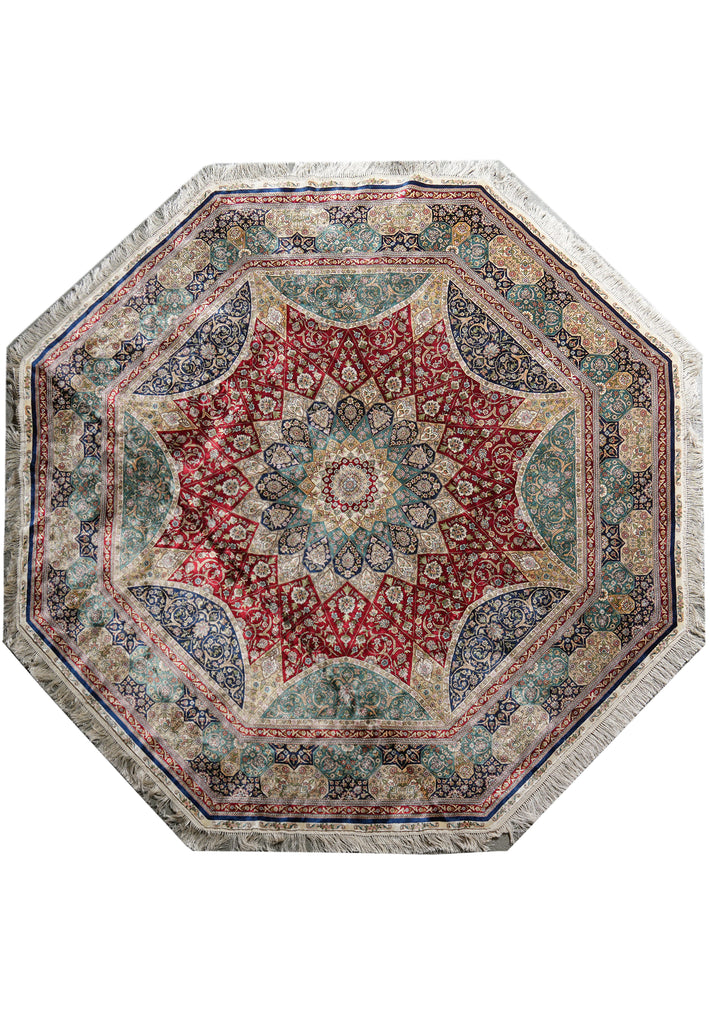 8 x 8 Feet Octagonal Handmade Silk Fancy Signed Rug #50359