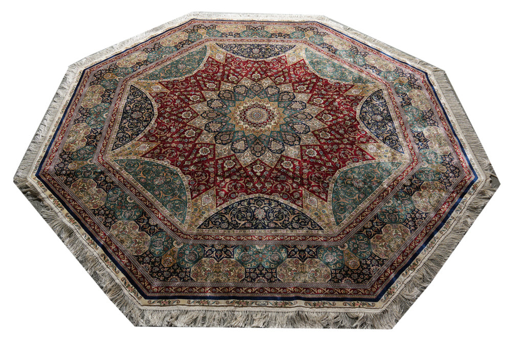 8 x 8 Feet Octagonal Handmade Silk Fancy Signed Rug #50359