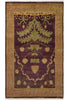 Load image into Gallery viewer, A rectangular area rug with a traditional botanical design, featuring a deep purple center field with a large green and gold hollyhock motif, surrounded by a wide gold and brown patterned border.