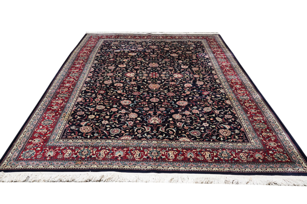 10 x 14 Black Burgundy Fine Hand-knotted Wool and Silk Carpet #F-4372
