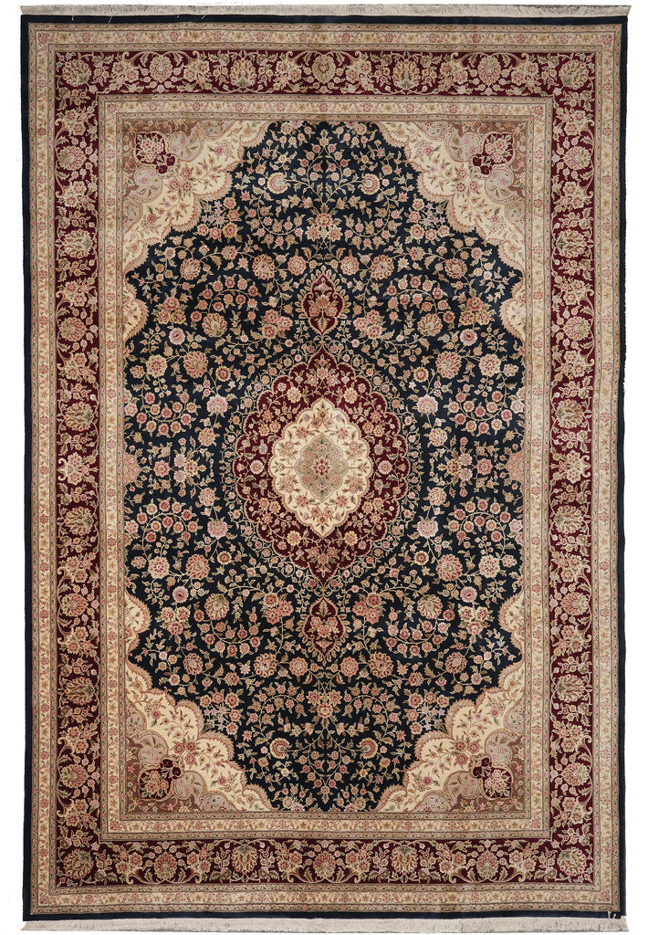 9 x 13 Black Wool and Silk Burgundy Sino Tabriz Fine Quality Rug