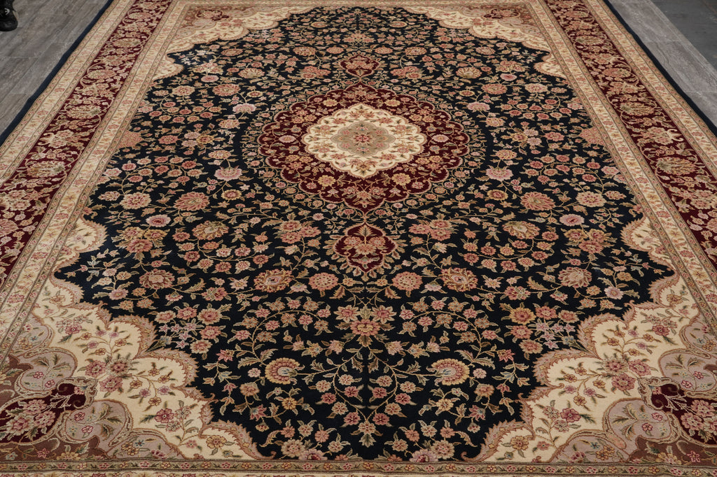 9 x 13 Black Wool and Silk Burgundy Sino Tabriz Fine Quality Rug #PIX-14840
