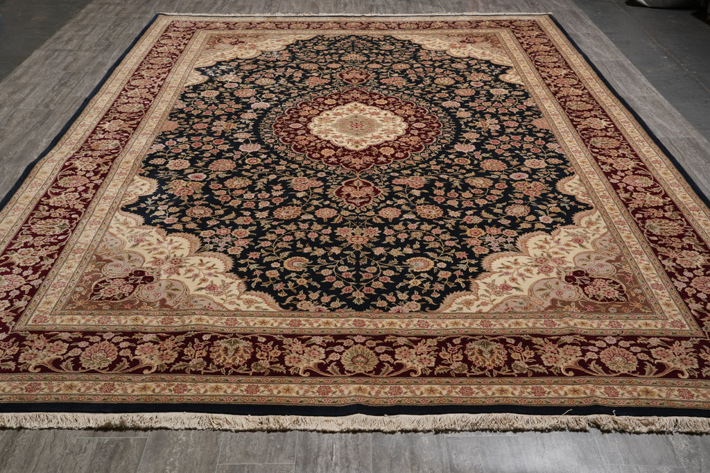 9 x 13 Black Wool and Silk Burgundy Sino Tabriz Fine Quality Rug #PIX-14840