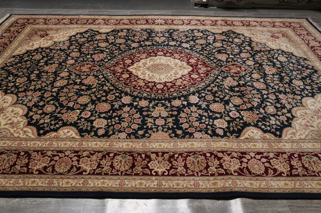 9 x 13 Black Wool and Silk Burgundy Sino Tabriz Fine Quality Rug #PIX-14840