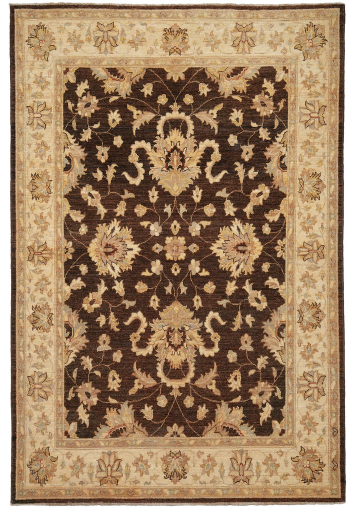 A traditional oriental-style area rug with a dark brown central field, beige floral motifs, and a wide beige border with detailed floral and geometric patterns.