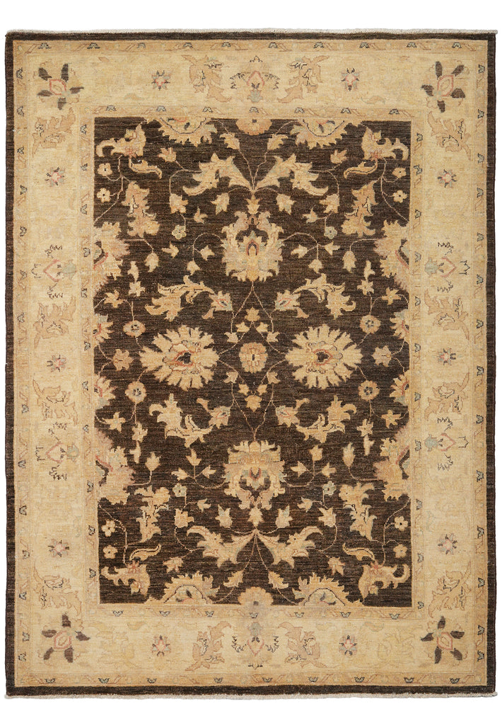 A traditional oriental-style area rug with a dark brown central field, beige floral motifs, and a wide beige border, shown flat against a white background.