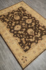 Load image into Gallery viewer, A rectangular area rug with a dark brown central field and a beige border, laid out on a gray wood-look floor.