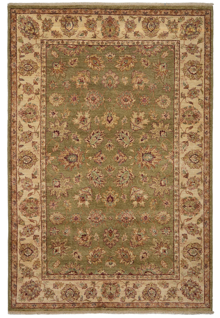 An area rug with a traditional floral pattern, featuring a muted sage green center field, beige borders, and accents of rust red and brown.