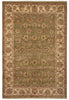 Load image into Gallery viewer, An area rug with a traditional floral pattern, featuring a muted sage green center field, beige borders, and accents of rust red and brown.