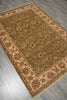 Load image into Gallery viewer, An oriental-style area rug with a sage green field, beige borders, and intricate floral motifs in muted red, brown, and blue, shown laid out on a gray wood-look floor.