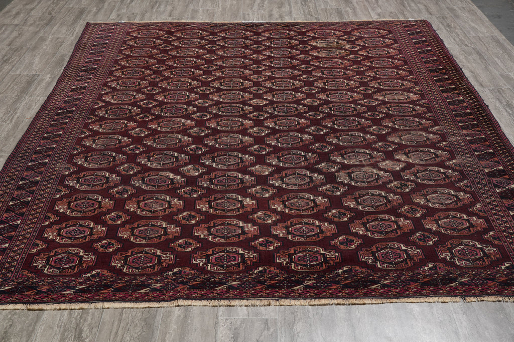 8 x 9 Old Persian Turkman Bokhara Rug Burgundy Low Pile #PIX-25703