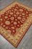 Load image into Gallery viewer, A rectangular area rug with a traditional floral pattern, featuring a deep red center field and a beige border, laid out on a gray wood floor.