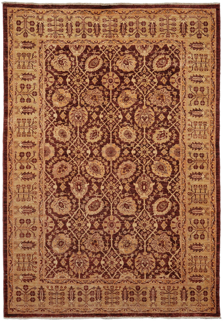 A traditional oriental-style area rug with an intricate floral and geometric pattern in dark brown, rust red, and beige tones.